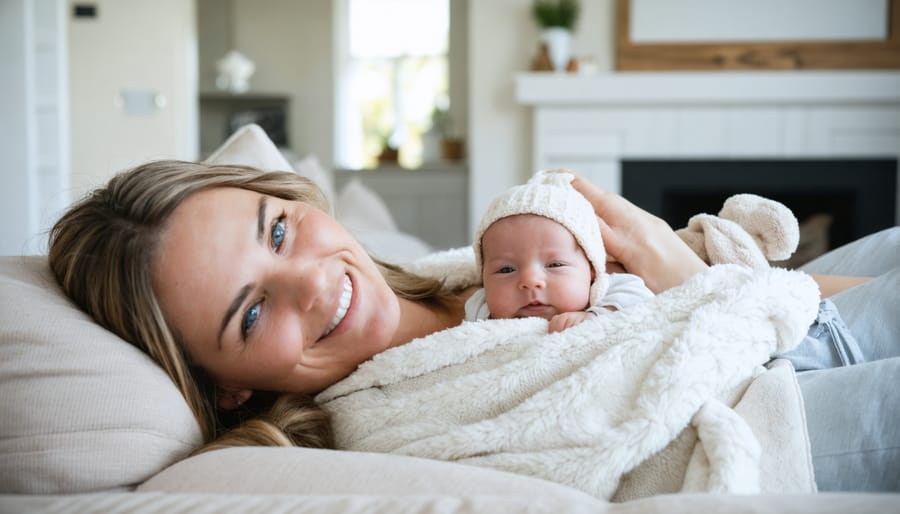 Comfortable bedroom recovery station with pillows, water bottle, and cozy blankets arranged for c-section healing