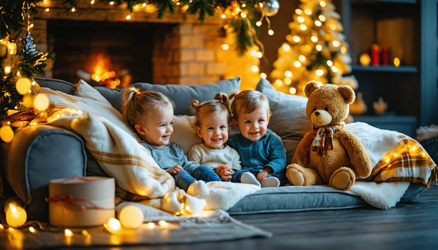 Cozy reading nook with white fur throw on armchair, hot beverage, and frosted window with snowflake decorations