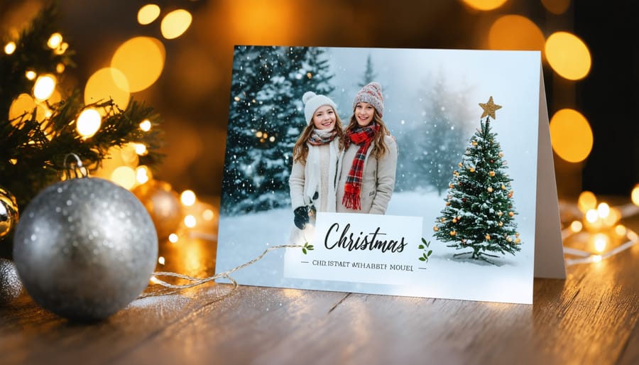 Handmade Christmas cards featuring digital light brush effects arranged with holiday crafting supplies