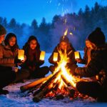 Diverse group holding candles and lanterns around a bonfire in a snowy clearing under a starry twilight sky, with silhouettes of standing stones and pine forest in the background, warm firelight contrasting with cool blue night.