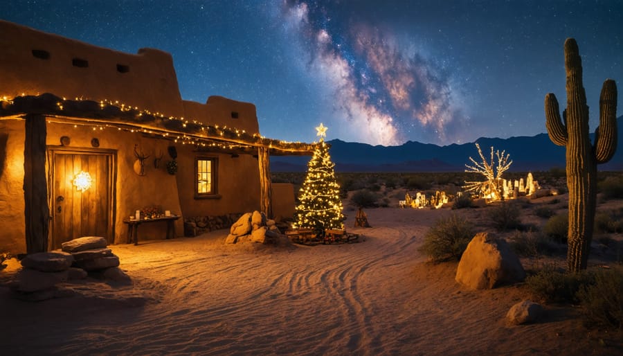 Saguaro cactus decorated with Christmas lights against desert twilight sky