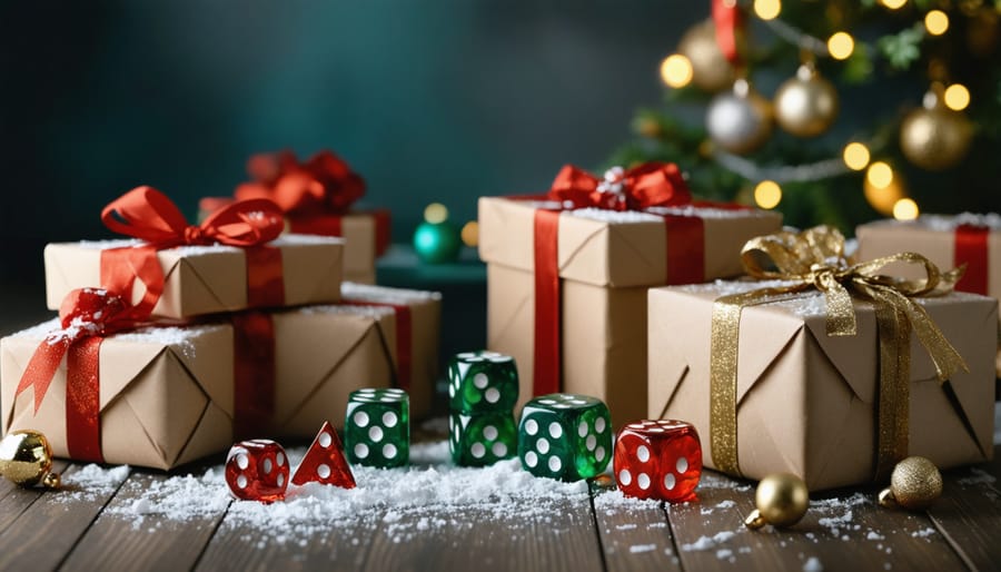 Overhead view of dice game setup with wrapped gifts, dice, and holiday refreshments on table