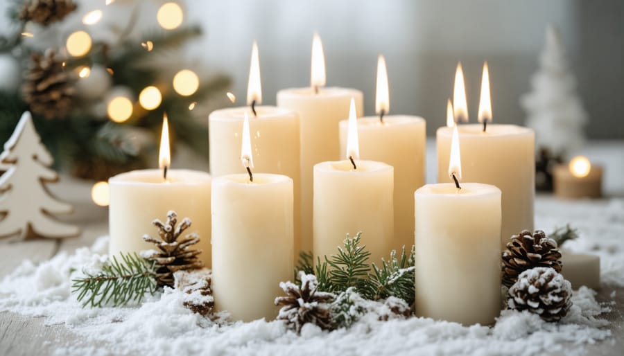 Hands crafting homemade Christmas candle ring with evergreen branches, pinecones, and ribbon on white table with craft supplies