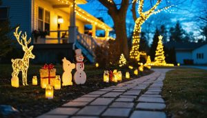 DIY Christmas front yard at dusk featuring plywood reindeer and snowman cutouts, illuminated chicken-wire gift boxes, and mason jar luminaries along a walkway in front of a suburban home.