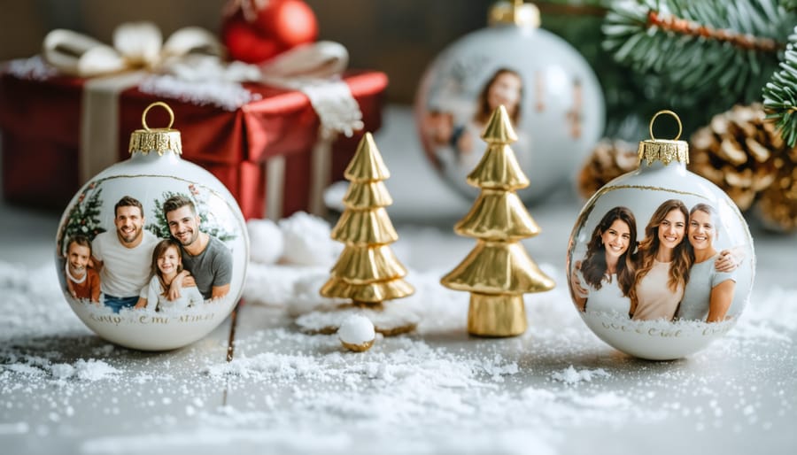 Mother and daughter crafting homemade personalized Christmas ornaments together at table