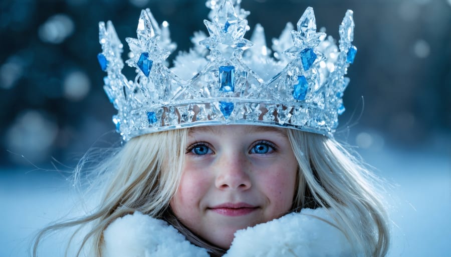 Handmade sparkly ice crown and glittery winter wand with crystals and silver details