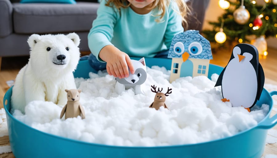 Eye-level close-up of a child’s hands playing in a cotton “snow” sensory bin with polar bear, arctic fox, snowy owl, and penguin figurines, with handmade paper plate polar bear, paper bag penguin puppet, and handprint reindeer ornament nearby; soft daylight and blurred twinkle lights in the background.