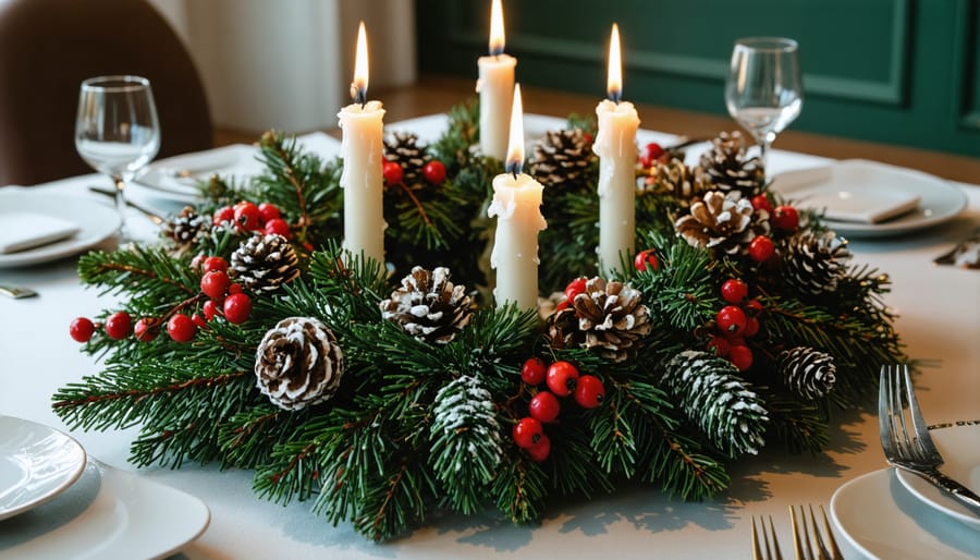 Overhead view of Christmas candle ring with evergreen branches, berries, and pinecones surrounding lit white candle on wooden table