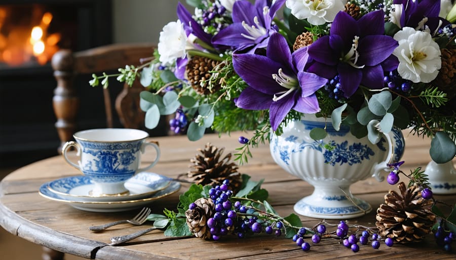 Jewel-toned Christmas floral centerpiece with midnight-purple amaryllis, cascading white orchids in vintage teacups, frosted eucalyptus, berry branches, deep burgundy ranunculus, sapphire thistles, copper chrysanthemums, and silvered pinecones on a weathered wooden table, softly lit by candlelight with string-light bokeh in a festive dining room.