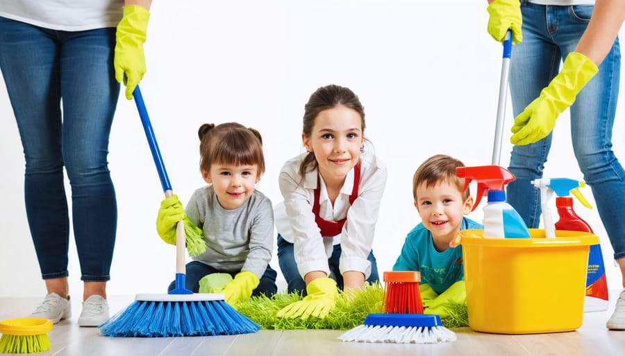 Mother and daughter cleaning together in mobile home, smiling while working as a team