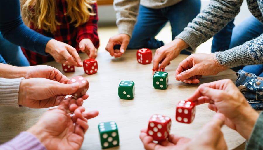 Multigenerational family sitting in circle on floor with wrapped gifts and dice for holiday game