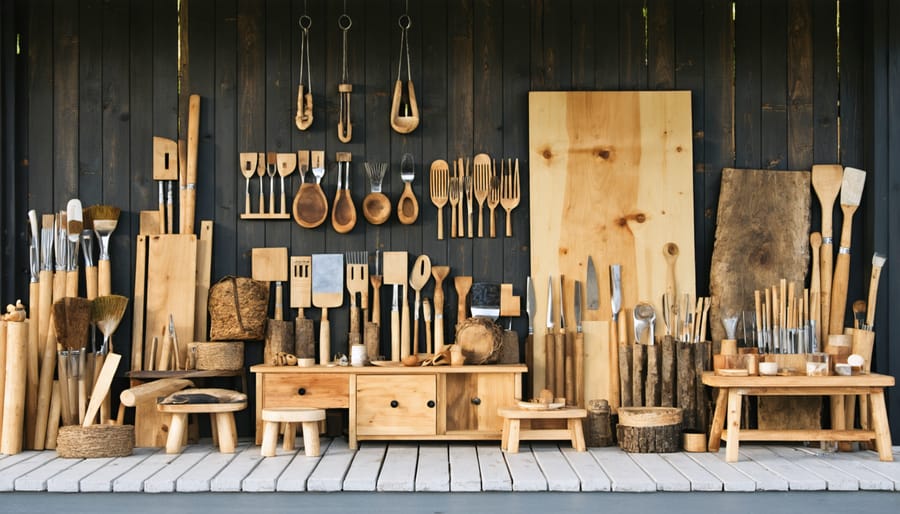 Grandfather, parent, and child working together on wooden furniture project in workshop