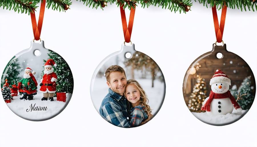 Family hands holding personalized Christmas ornaments with names and dates over decorated tree