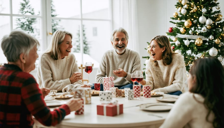 Multi-generational family playing charades together in cozy holiday living room