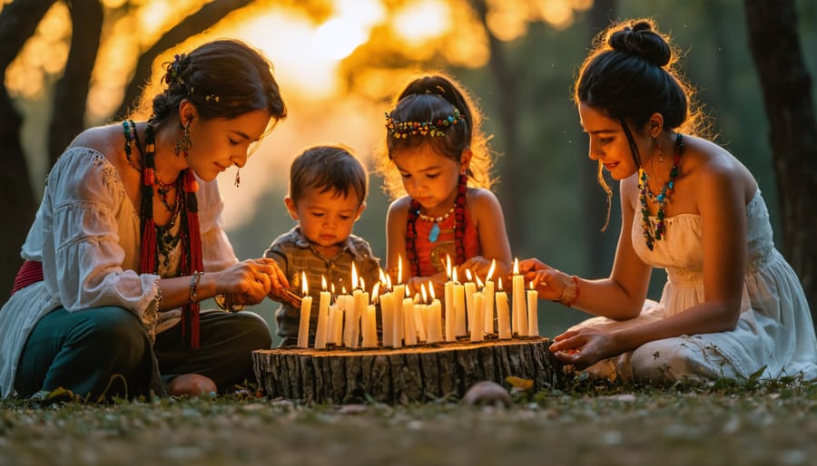 Multiple generations of family hands lighting candles together at sunset for winter solstice celebration