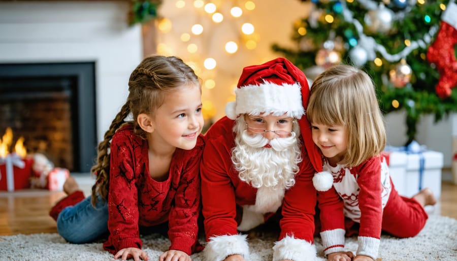 Family gathered around Christmas tree thinking through scavenger hunt clues together