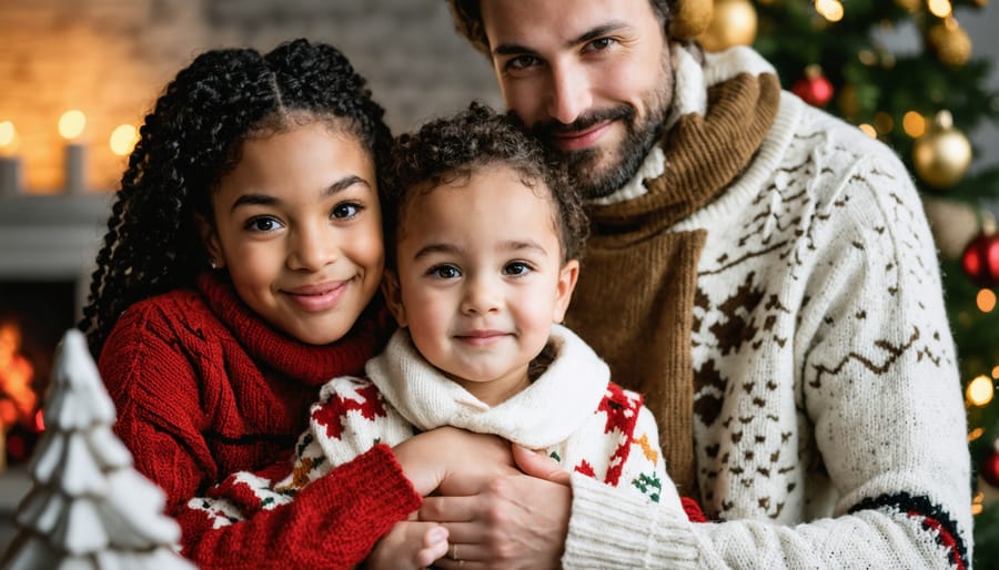 Overhead view of family hands working together on Christmas scavenger hunt clues