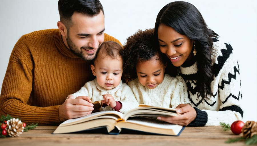 Multi-generational family gathered in backyard at dusk for storytelling tradition