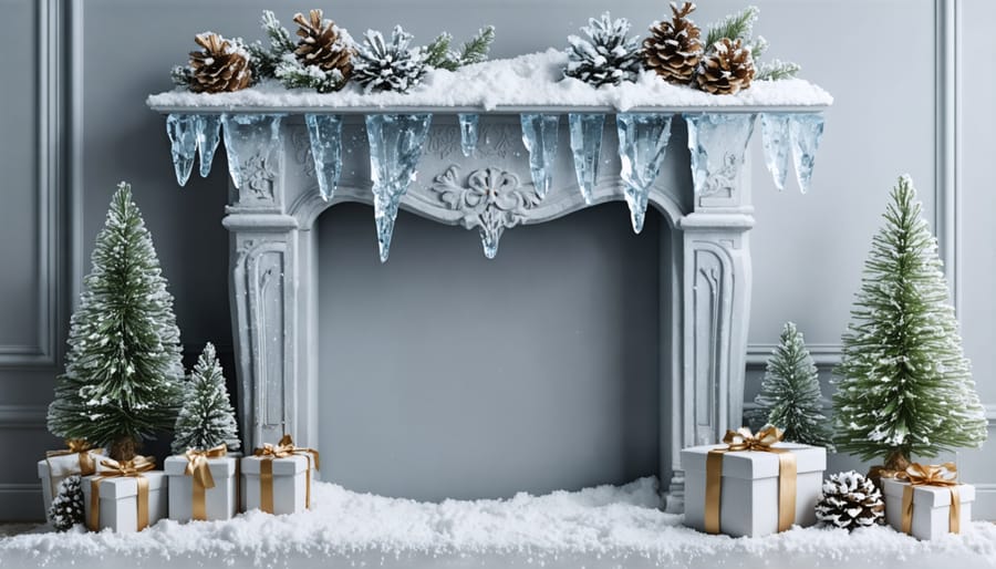 White fireplace mantel decorated with faux snow, hanging crystal icicles, and iridescent snowflakes