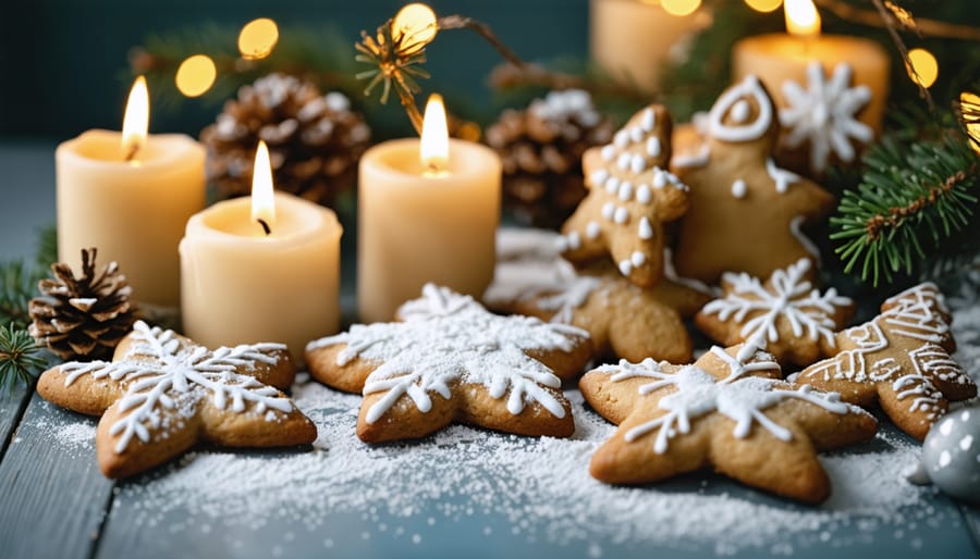 Winter wonderland themed cookie party table with candles and string lights creating festive ambiance