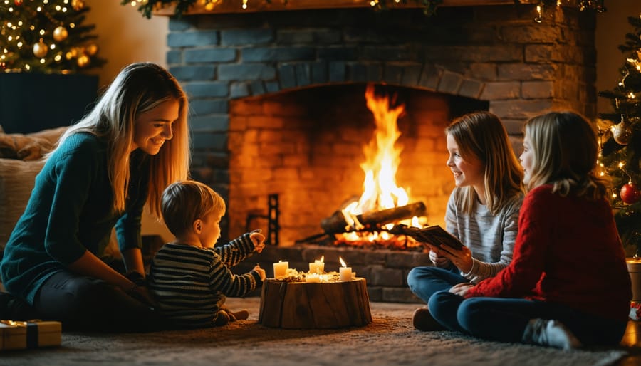 Family gathered around glowing fireplace during Christmas with warm lighting and festive decorations
