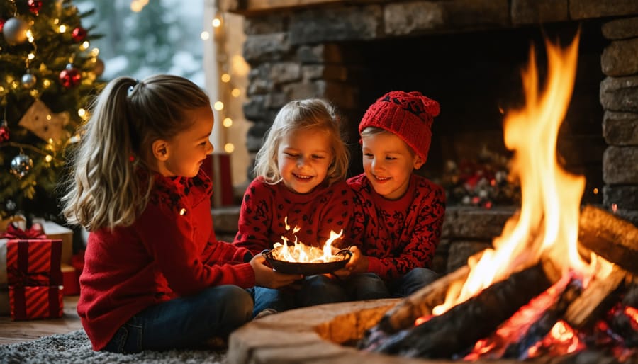 Close-up of elderly hands holding open storybook near warm fireplace flames
