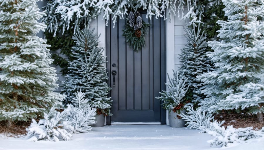 Elegant home entrance decorated with frosted evergreen wreath and white birch branches with silver pinecones