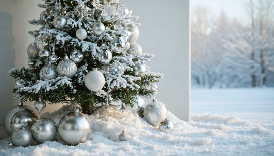 White flocked Christmas tree decorated with silver glass ornaments, crystal snowflakes, and blue ribbon