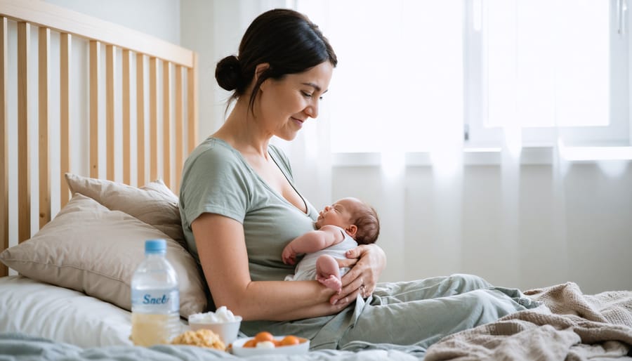 Postpartum mother in loose loungewear sitting on a bed, cradling her newborn with a small pillow against her abdomen, soft daylight from a window, bedside table with water and snacks, and a blurred crib and textiles in the background.