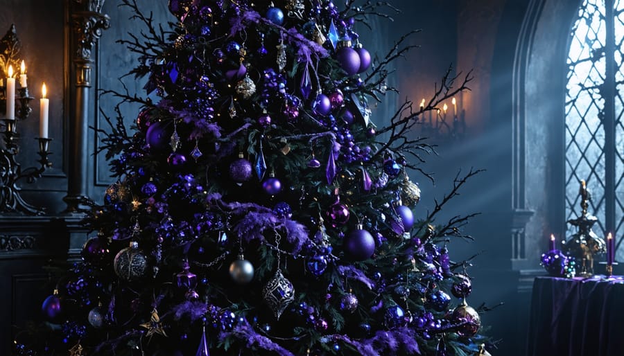 Gothic Christmas tree decorated with black ornaments, burgundy roses, and vintage Victorian elements