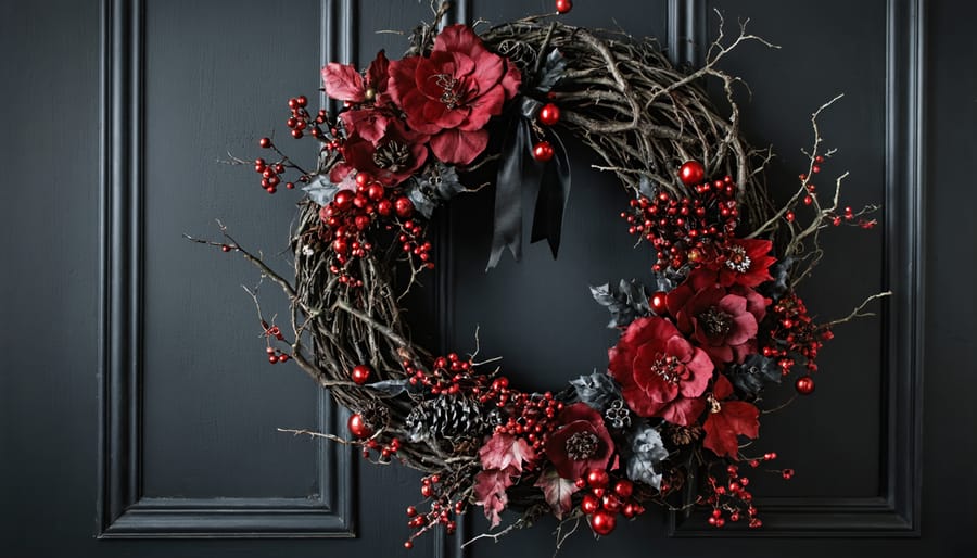 Gothic Christmas wreath with black branches, burgundy roses, vintage keys, and velvet bow