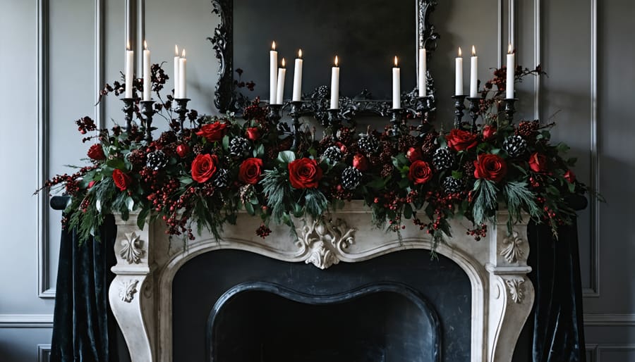 Gothic Christmas mantel decorated with black candelabras, burgundy velvet garland, and dark roses