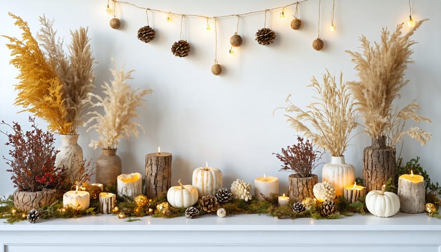 Overhead view of hands creating handmade decorations with dried flowers and natural materials