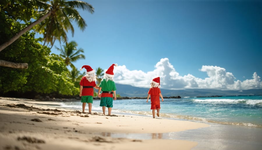 Family building decorated sandcastle with Christmas ornaments on Hawaiian beach