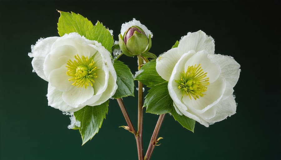Dark purple hellebore flowers blooming in white snow