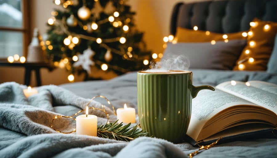 Steaming mug of herbal tea next to open Christmas book on bedside table creating peaceful bedtime scene