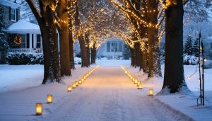 Transform Your Driveway Into a Holiday Wonderland With These Lighting Ideas Snow-dusted driveway at dusk illuminated by warm LED path lights and flickering luminarias, with string lights hanging between trees and subtle entrance spotlights; house and evergreens softly blurred in the background.