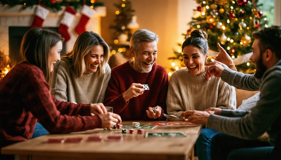Multigenerational family of five playing cards and dice around a coffee table while one person performs a charades gesture, with a twinkling Christmas tree and fireplace softly blurred in the background.