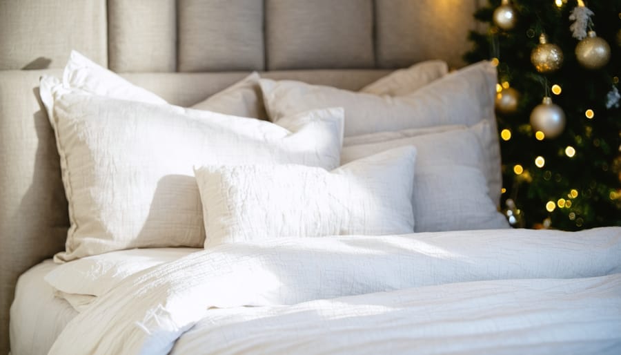 Person writing in journal on bed as part of calming evening routine to manage holiday stress