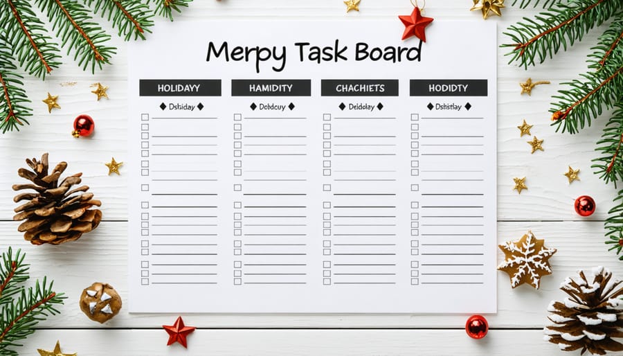 Family organizing Christmas tasks on colorful sticky notes arranged in columns on kitchen counter