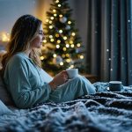 Adult woman sits on a bed in a winter bedroom at night with a cup of chamomile tea and a white noise machine on the nightstand, blackout curtains partly drawn and gentle snowfall visible, dim holiday lights softly glowing in the background.