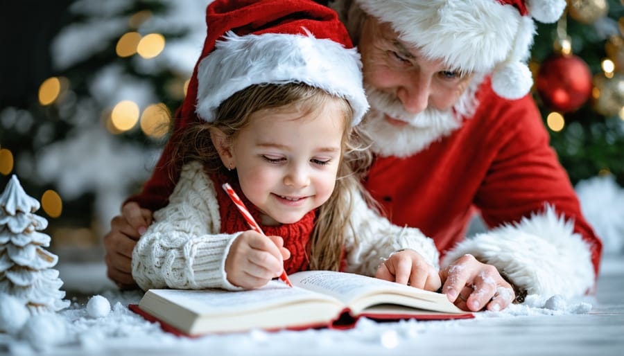 Overhead view of holiday planning materials including calendar lists photos and festive decorations on wooden table