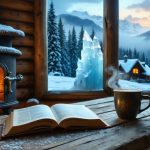 Open fairy-tale book and steaming mug of cocoa by a glowing fireplace, seen from a rustic cabin table, with a frost-covered window framing a distant crystalline ice palace and northern lights over a snow-dusted village.