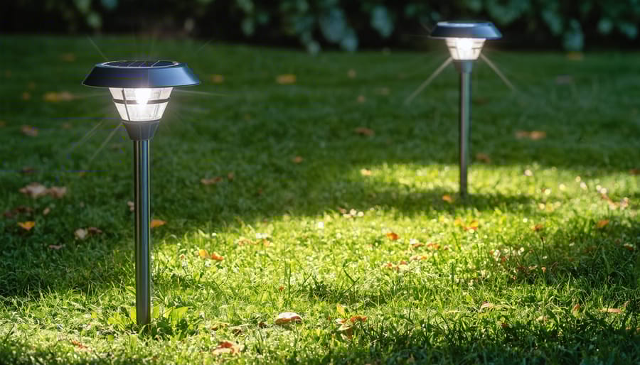 Hands installing decorative solar light stake into garden soil