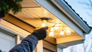 Gloved hand snapping a warm-white C9 light socket into vinyl J-channel trim around a window beneath an aluminum gutter, with siding, a wreath, and straight roofline lights softly blurred in the background.