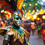 Masked Jonkonnu dancer in colorful costume performing at Jamaica’s Grand Market on a warm Christmas Eve, with string lights, palm trees, and crowds softly blurred in the background