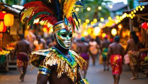 How Jamaica Celebrates Christmas When It's 85 Degrees Outside Masked Jonkonnu dancer in colorful costume performing at Jamaica’s Grand Market on a warm Christmas Eve, with string lights, palm trees, and crowds softly blurred in the background