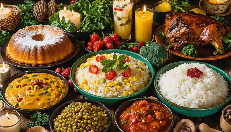 Jamaican Christmas feast featuring rum cake, sorrel drink, curried goat, and traditional side dishes on decorated table