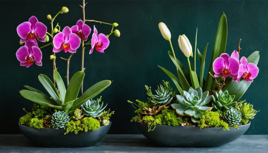 Elegant Christmas floral arrangement with burgundy orchids, succulents and evergreens in copper container
