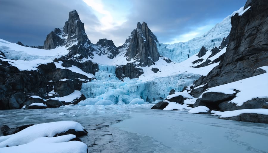 Dramatic snow-covered mountain peaks with jagged ice formations under stormy winter sky
